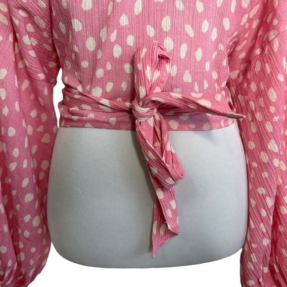 Anthropologie Womens Polka Dot Tie Front Crop Kimono Top One Size Pink White NWT - Picture 8 of 13